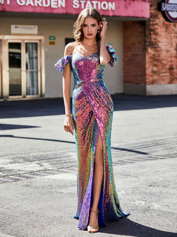 Off-the-shoulder Ruched Sheath Long Slit Dress Grape