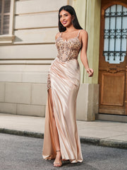 Sequin Appliqued Corset Maxi Dress Champagne