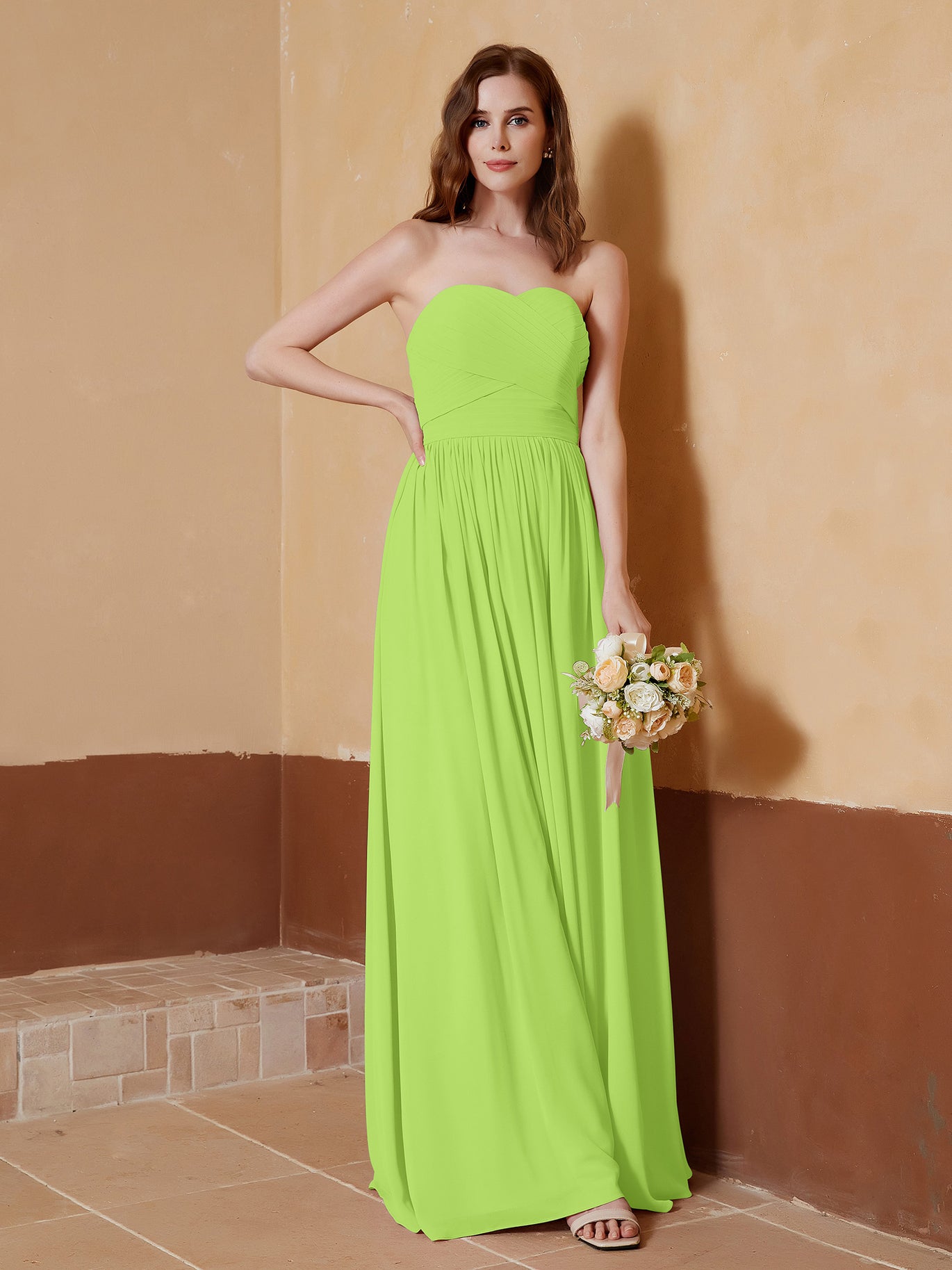 BABARONI Chiffon Long Strapless Dress for Bridesmaids Lime Green, Lime Green / US0