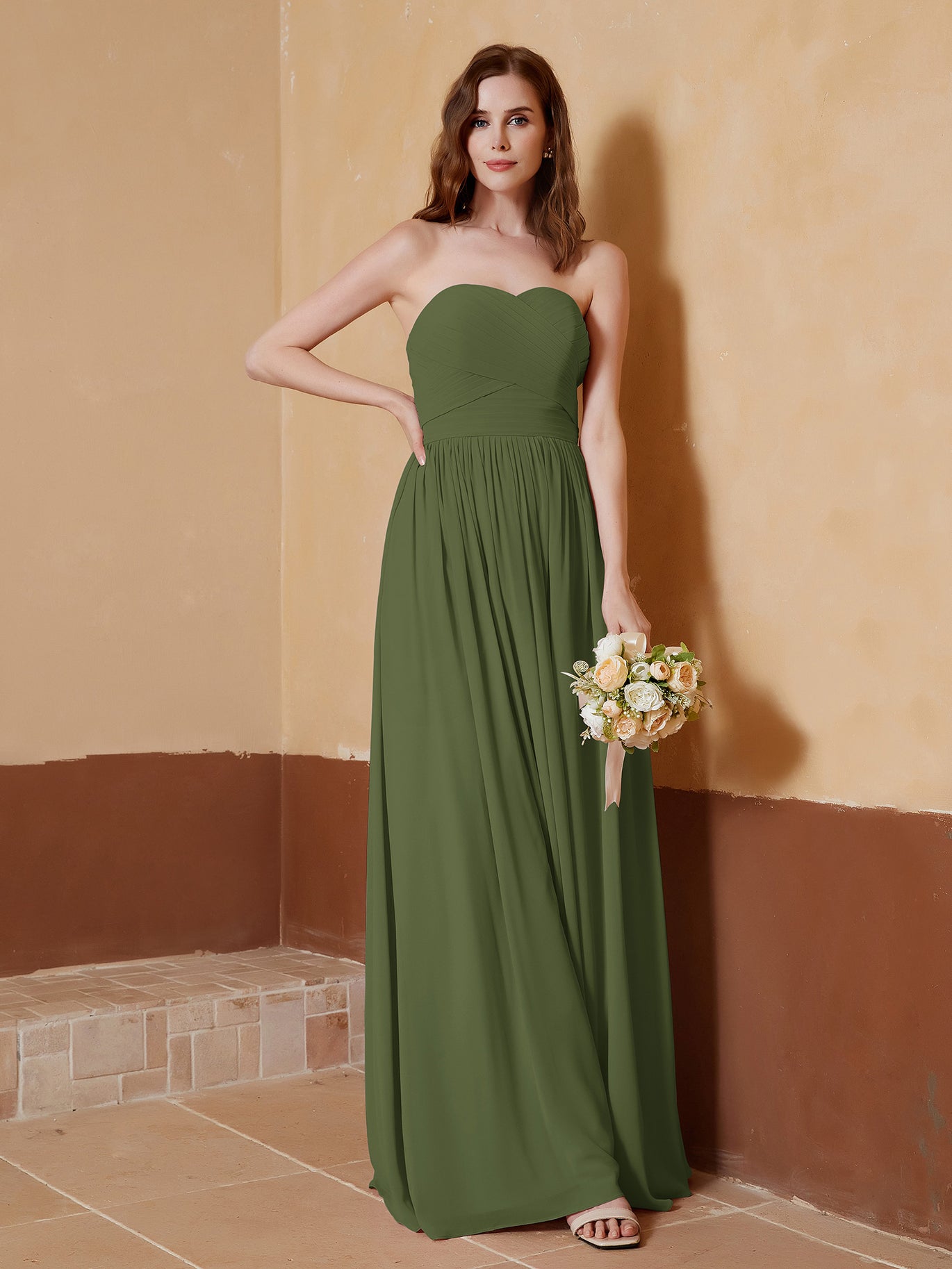 BABARONI Chiffon Long Strapless Dress for Bridesmaids Olive Green, Olive Green / US0