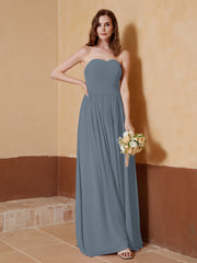 Chiffon Long Strapless Dress for Bridemsids-Slate Blue