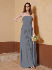 Chiffon Long Strapless Dress for Bridemsids-Steel Grey