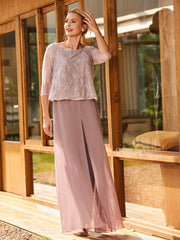 Lace Top with Chiffon Pant Suit  Dusty Rose
