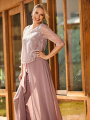 Lace Top with Chiffon Pant Suit  Dusty Rose