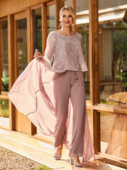 Lace Top with Chiffon Pant Suit  Dusty Rose