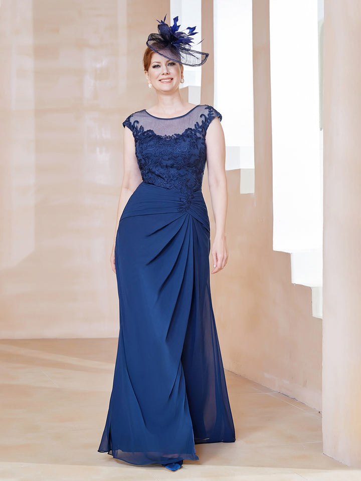 Navy A Line Appliqued V Neck Mother of the Bride Dress with Rhinestones