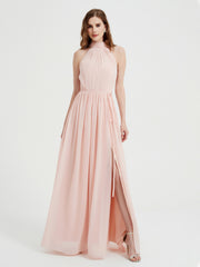 High Neck Chiffon Dresses with Slit and Sash Bow-Pearl Pink