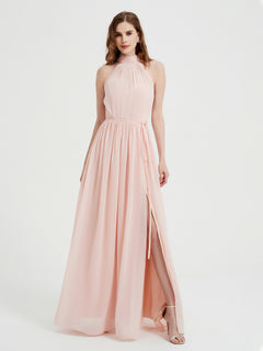 High Neck Chiffon Dresses with Slit and Sash Bow-Pearl Pink