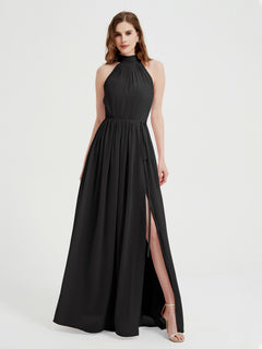 High Neck Chiffon Dresses with Slit and Sash Bow-Black