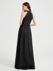 High Neck Chiffon Dresses with Slit and Sash Bow-Black