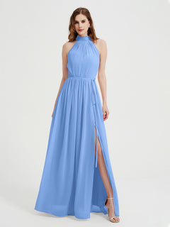 High Neck Chiffon Dresses with Slit and Sash Bow-Blue Plus Size