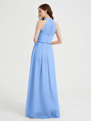 High Neck Chiffon Dresses with Slit and Sash Bow-Blue