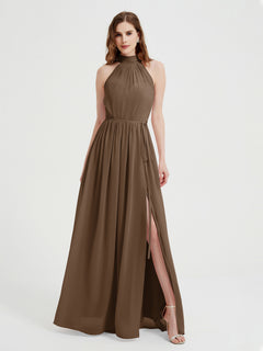 High Neck Chiffon Dresses with Slit and Sash Bow-Brown