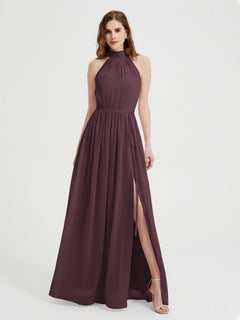 High Neck Chiffon Dresses with Slit and Sash Bow-Cabernet Plus Size