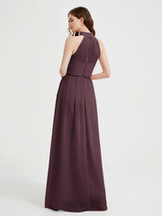 High Neck Chiffon Dresses with Slit and Sash Bow-Cabernet