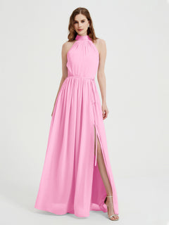 High Neck Chiffon Dresses with Slit and Sash Bow-Candy Pink Plus Size