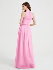High Neck Chiffon Dresses with Slit and Sash Bow-Candy Pink