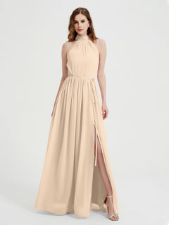 High Neck Chiffon Dresses with Slit and Sash Bow-Champagne