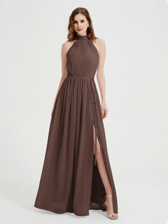 High Neck Chiffon Dresses with Slit and Sash Bow-Chocolate Plus Size