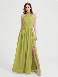 High Neck Chiffon Dresses with Slit and Sash Bow-Clover