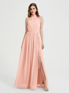 High Neck Chiffon Dresses with Slit and Sash Bow-Coral