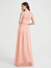 High Neck Chiffon Dresses with Slit and Sash Bow-Coral
