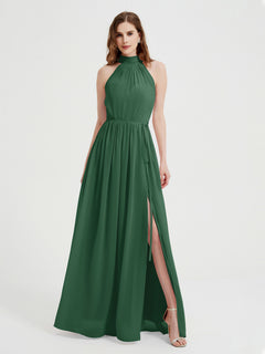 High Neck Chiffon Dresses with Slit and Sash Bow-Dark Green Plus Size