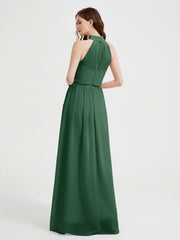 High Neck Chiffon Dresses with Slit and Sash Bow-Dark Green