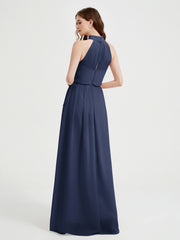 High Neck Chiffon Dresses with Slit and Sash Bow-Dark Navy
