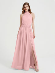 High Neck Chiffon Dresses with Slit and Sash Bow-Dusty Rose