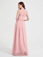 High Neck Chiffon Dresses with Slit and Sash Bow-Dusty Rose