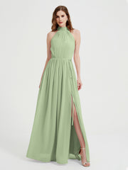 High Neck Chiffon Dresses with Slit and Sash Bow-Dusty Sage