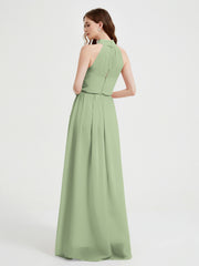 High Neck Chiffon Dresses with Slit and Sash Bow-Dusty Sage