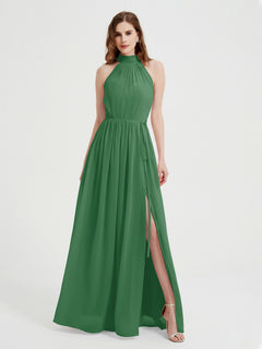 High Neck Chiffon Dresses with Slit and Sash Bow-Emerald