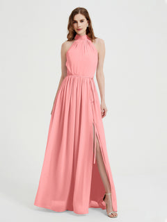 High Neck Chiffon Dresses with Slit and Sash Bow-Flamingo