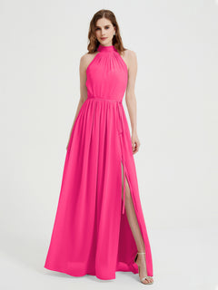 High Neck Chiffon Dresses with Slit and Sash Bow-Fuchsia Plus Size