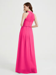 High Neck Chiffon Dresses with Slit and Sash Bow-Fuchsia