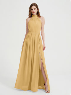 High Neck Chiffon Dresses with Slit and Sash Bow-Gold