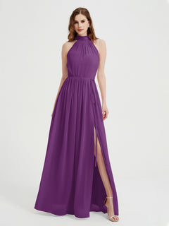 High Neck Chiffon Dresses with Slit and Sash Bow-Grape