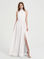 High Neck Chiffon Dresses with Slit and Sash Bow-Ivory