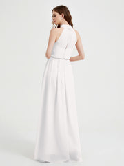 High Neck Chiffon Dresses with Slit and Sash Bow-Ivory