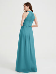 High Neck Chiffon Dresses with Slit and Sash Bow-Jade