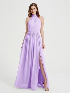 High Neck Chiffon Dresses with Slit and Sash Bow-Lilac Plus Size