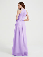 High Neck Chiffon Dresses with Slit and Sash Bow-Lilac
