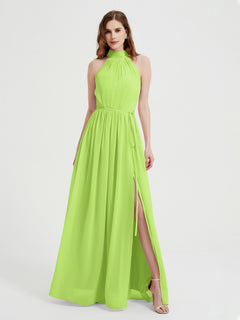 High Neck Chiffon Dresses with Slit and Sash Bow-Lime Green Plus Size