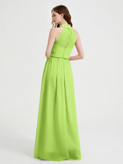 High Neck Chiffon Dresses with Slit and Sash Bow-Lime Green