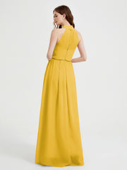 High Neck Chiffon Dresses with Slit and Sash Bow-Marigold