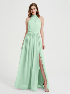 High Neck Chiffon Dresses with Slit and Sash Bow-Mint Green