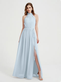 High Neck Chiffon Dresses with Slit and Sash Bow-Mist Plus Size