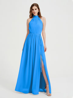 High Neck Chiffon Dresses with Slit and Sash Bow-Ocean Blue